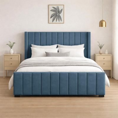 Naples Upholstered Sky Vertical Line King Size Bed Frame, Modern Luxury Floor-Standing Headboard & Footboard - image 1