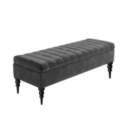 90Cm Sierra Striped Ottoman Storage Bench With Black Turned Wooden Legs - Steel Grey Plush Velvet Upholstered Shoes Bench