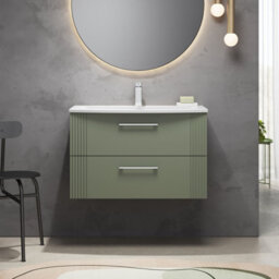 Balterley Belvide Partial Fluted 2 Drawer Wall Hung Vanity Unit With 1 Tap Hole Curved Basin- 800mm - Satin Green - thumbnail 2