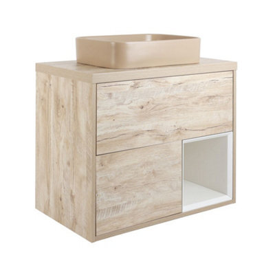 Homestylestore Light Oak 800mm Led Lit Wall Hung Bathroom Vanity Unit Rectangular Sand Countertop Basin Open Shelf - image 1