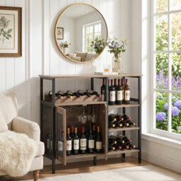 Living And Home Retro Grey And Black Vintage Wine Bar Cabinet With Detachable Wine Rack, 96Cm W X 34Cm D X 80Cm H