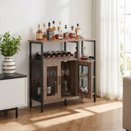 Living And Home Retro Grey And Black Vintage Wine Bar Cabinet With Detachable Wine Rack, 96Cm W X 34Cm D X 80Cm H - thumbnail 2