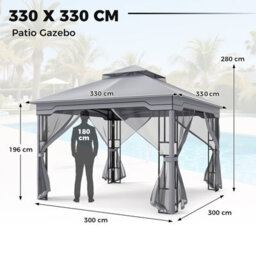 Costway 3.3 X 3.3 M Double Roof Soft Top Patio Gazebo With Zippered Mesh Netting - thumbnail 3
