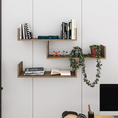 Decortie Tibet Wall Shelves - Floating 3 Tier Wall Mounted Display Unit Dark Oak Effect - image 1