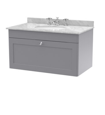 Balterley Swynnerton Traditional 1 Drawer Wall Hung Vanity Unit With Marble Basin, Satin Grey, 800mm - image 1