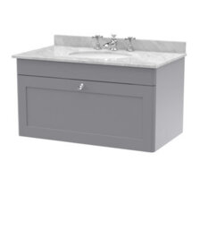Balterley Swynnerton Traditional 1 Drawer Wall Hung Vanity Unit With Marble Basin, Satin Grey, 800mm - thumbnail 1