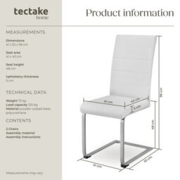Tectake Set Of 2 Dining Chairs - Cantilevered, High Backrest, Flat Steel Frame  - White - thumbnail 6
