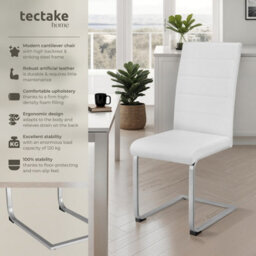 Tectake Set Of 2 Dining Chairs - Cantilevered, High Backrest, Flat Steel Frame  - White - thumbnail 2