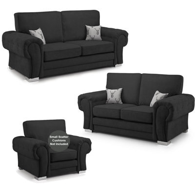 Furnishings For Less UK Milan Fabric 3 Piece Sofa Suite Black Full Back Chesterfield Style - image 1