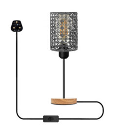 Modern Wooden Stand Bedside Table Lamp With Metal Cage , On Off Switch Brushed Silver Lamp