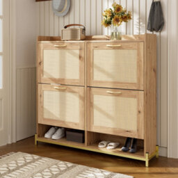 Btm Rattan Shoe Cabinet, 4 Doors, Metal Frame, Top Shelf, Wooden Storage For 16-20 Pairs - thumbnail 2