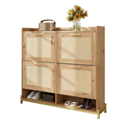 Btm Rattan Shoe Cabinet, 4 Doors, Metal Frame, Top Shelf, Wooden Storage For 16-20 Pairs - thumbnail 1
