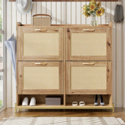 Btm Rattan Shoe Cabinet, 4 Doors, Metal Frame, Top Shelf, Wooden Storage For 16-20 Pairs - thumbnail 3