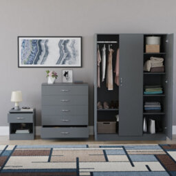 Lassic Vida Designs Riano 3 Piece Bedroom Set (1 Drawer Bedside Chest, 5 Drawer Chest, 3 Door Wardrobe), Grey - thumbnail 2