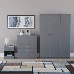 Lassic Vida Designs Riano 3 Piece Bedroom Set (1 Drawer Bedside Chest, 5 Drawer Chest, 3 Door Wardrobe), Grey - thumbnail 7