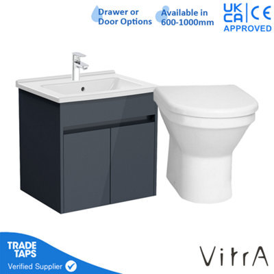 Vitra 600mm Wall Hung Bathroom Vanity Unit With 2 Doors Includes Basin, Chrome Tap And Back To Wall Toilet - Grey Gloss - image 1