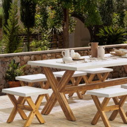 Wyld And Coco White Fibre Cement Outdoor Stool With Acacia Wood Base, W51 X D40 X H45Cm - thumbnail 2