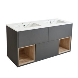 Homestylestore 1212mm Black Grey Wall Hung Bathroom Vanity Unit Open Shelf Marble Effect Basin