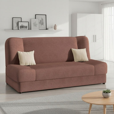 Jonas Living Room Sofa Bed With Click Clack Sleeping Surface Storage Container Wooden Frame Pink And Cream Pillows - image 1