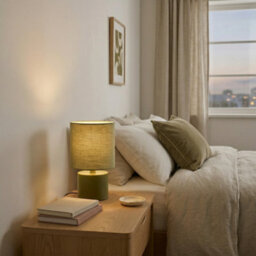 Happy Homewares Modern Dusty Olive Green Table Lamp With Cotton Fabric Drum Shade - thumbnail 6