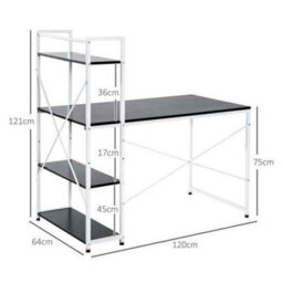 Computer Desk Laptop Table W/4-Tier Bookshelf Metal Frame Black, White - thumbnail 2