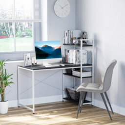 Computer Desk Laptop Table W/4-Tier Bookshelf Metal Frame Black, White
