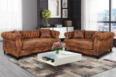 Suede Brown Faux Leather  3 + 2 Seater Chesterfield Sofa Set For Living Room Richmond - image 1