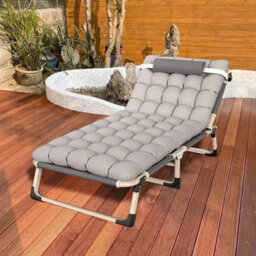 Single Grey Reclining Sun Lounger Garden Folding Chair Bed Recliner Beach Camping With Mat - thumbnail 1