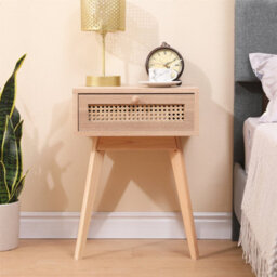 Furniturehmd One Drawer Bedside Table,ratten Front,pine Wood Legs,wooden Bedroom Cabinet,side Table,storage Nightstand - thumbnail 1