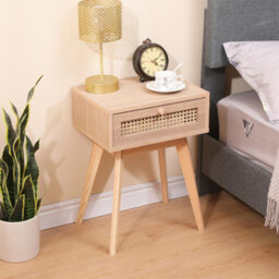 Furniturehmd One Drawer Bedside Table,ratten Front,pine Wood Legs,wooden Bedroom Cabinet,side Table,storage Nightstand - thumbnail 2