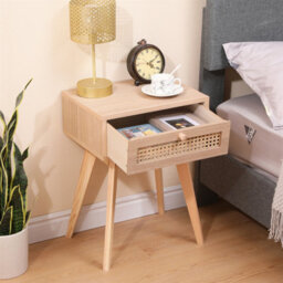 Furniturehmd One Drawer Bedside Table,ratten Front,pine Wood Legs,wooden Bedroom Cabinet,side Table,storage Nightstand - thumbnail 3