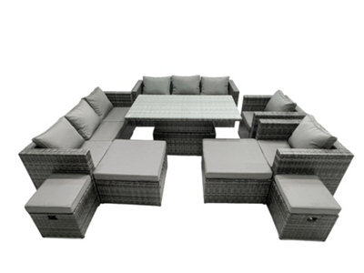 Fimous Rattan Dining Table Sofa Set With 2 Armchair 4 Stools Outdoor 12 Seat Garden Furniture Set Dark Grey Mixed - image 1