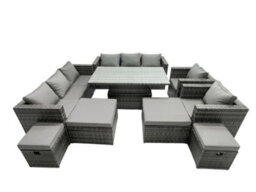 Fimous Rattan Dining Table Sofa Set With 2 Armchair 4 Stools Outdoor 12 Seat Garden Furniture Set Dark Grey Mixed - thumbnail 1