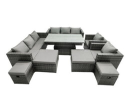 Fimous Rattan Dining Table Sofa Set With 2 Armchair 4 Stools Outdoor 12 Seat Garden Furniture Set Dark Grey Mixed - thumbnail 2