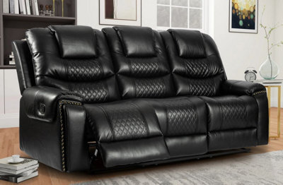Manual Recliner Sofa In Black Faux Leather 3 Seater Sofa - image 1