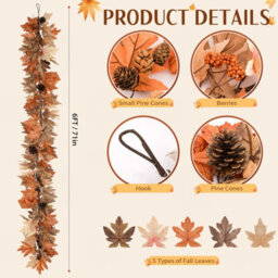 Amorly 6 Ft Lighted Fall Garland, Artificial Thanksgiving Autumn Mantel Decor With 30 Warm Led Lights, Fireplace & Tabletop Decoration - thumbnail 2