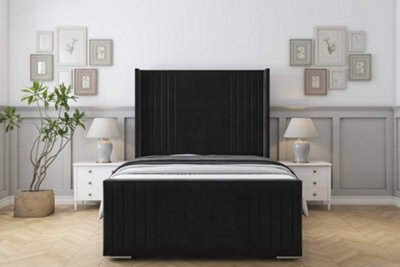 "Sloomy Camden Black Plush Bed Frame With Mattress With 50""  Upholstered Wingback Headboard 3' Single" - image 1