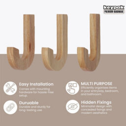 Keypak Coat Hooks Pine Decorative Wooden Hooks - Set Of 3 Screw-In Wall Hangers - 125mm X 17mm - Nordic Coat & Towel Hook - thumbnail 2