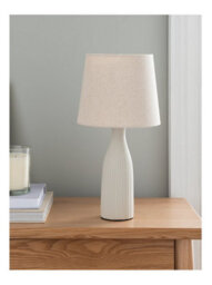 Deenz Fluted Ceramic Side Table/desk Lamp Fabric Shade Bottle Shape Tall Textured Base Vertical Ribbing Cream 37 X 17 X 7 Cm