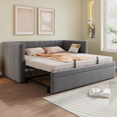 Abrihome Upholstered Daybed With Pull Out Trundle, 3Ft Single Bed 90X190 Cm, Modern Velvet Sofa Bed For Adults And Teenagers, Grey - image 1