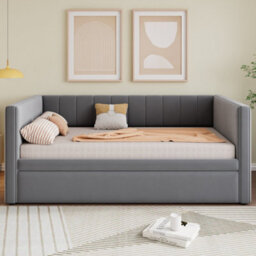 Abrihome Upholstered Daybed With Pull Out Trundle, 3Ft Single Bed 90X190 Cm, Modern Velvet Sofa Bed For Adults And Teenagers, Grey - thumbnail 2
