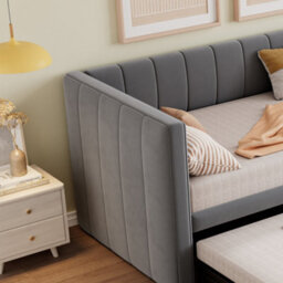 Abrihome Upholstered Daybed With Pull Out Trundle, 3Ft Single Bed 90X190 Cm, Modern Velvet Sofa Bed For Adults And Teenagers, Grey - thumbnail 7