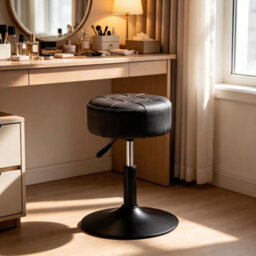 Swivel Dressing Table Chair, Height Adjustable Vanity Stool, Padded Faux Leather Seat, Chrome Metal Base, Black - thumbnail 1