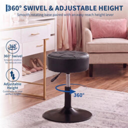 Swivel Dressing Table Chair, Height Adjustable Vanity Stool, Padded Faux Leather Seat, Chrome Metal Base, Black - thumbnail 4