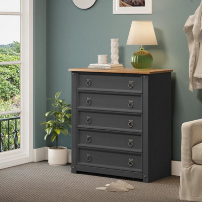 Chest Of Drawers 5 Drawer Small Charcoal Wax Solid Wooden Pine Dark Grey - image 1
