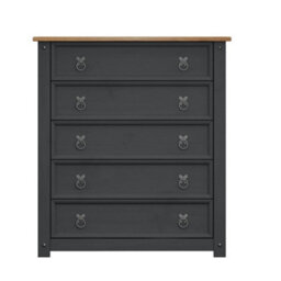 Chest Of Drawers 5 Drawer Small Charcoal Wax Solid Wooden Pine Dark Grey - thumbnail 4