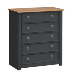 Chest Of Drawers 5 Drawer Small Charcoal Wax Solid Wooden Pine Dark Grey - thumbnail 3