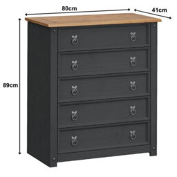 Chest Of Drawers 5 Drawer Small Charcoal Wax Solid Wooden Pine Dark Grey - thumbnail 2