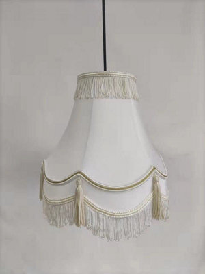 "14"" Hand Crafted Cream Ivory Victorian Tassel Lampshade Handmade Double Scallop Silk Shade With Gold Trim Traditional Style" - image 1