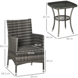 Rattan Bistro Set 2 Chairs Garden Glass Table Patio Outdoor Furniture - thumbnail 2